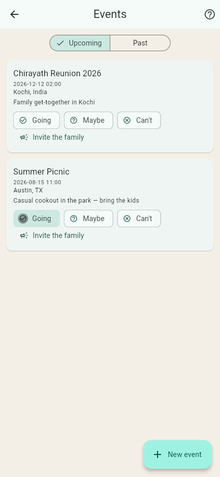 KinHound events — plan a reunion and RSVP right in the app