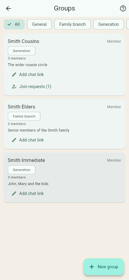 KinHound family groups — cousins, elders and immediate family, each with its own chat