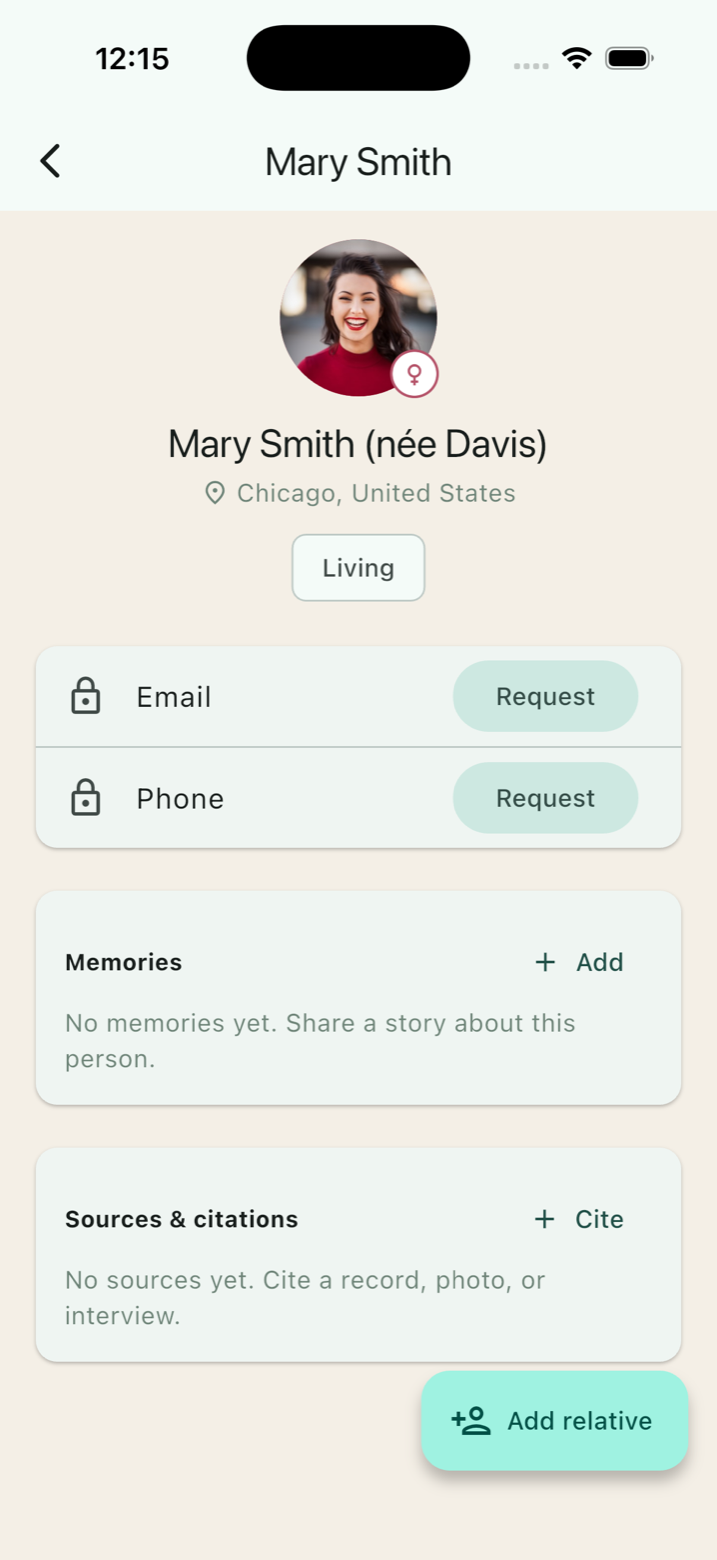A KinHound person profile with consent-gated contact details