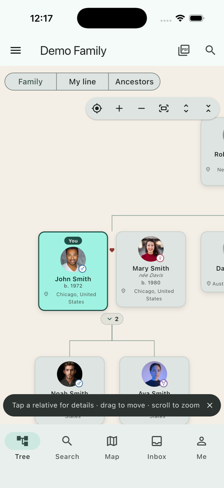 KinHound family tree with real family photos